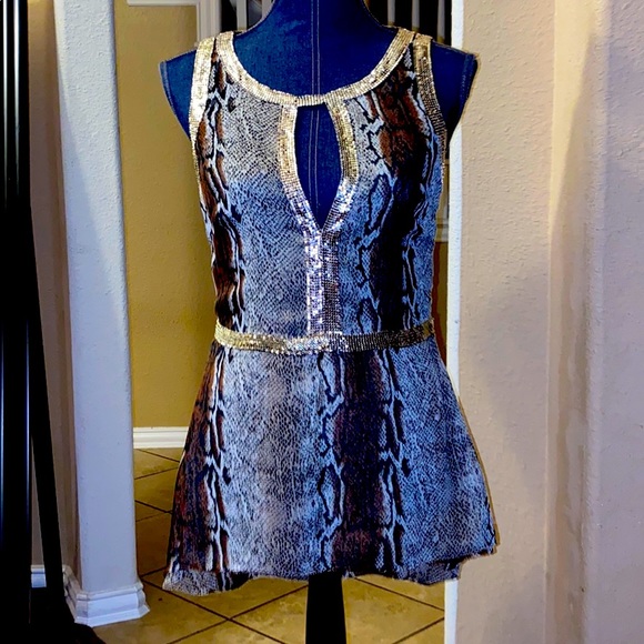 Sheri Bodell Tops - Sheri Bodell Snake Print Sequin Trim Tank Top in Brown and Gold